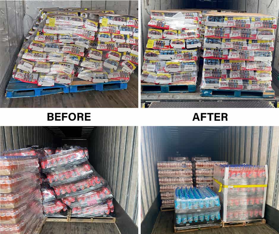 Pallet restacking, cross docking, and transloading warehouse services to restack pallets in shifted loads in Southern California